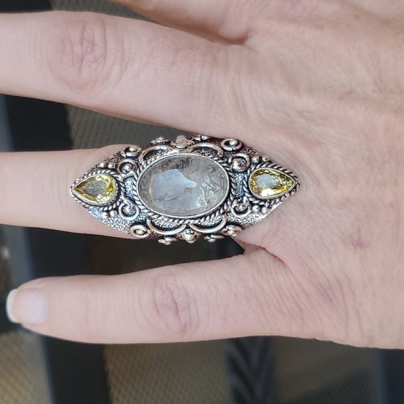 New Golden Rutile & Citrine 925 Silver Statement Ring. - Picture 9 of 16